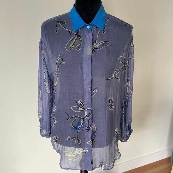 Forte_Forte Blue Purple Silk Floral Hidden Button Placket Blouse EUC Size I/4/S - Picture 1 of 11